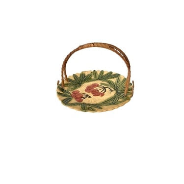 20th C. Japanese Majolica Serving Plate With Wicker Handle 