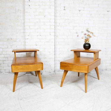 Vintage MCM pair of Heywood Wakefield step end tables / nightstands w/ drawer | Free delivery only in NYC and Hudson Valley areas 