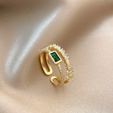 R034 double band ring, gold ring, emerald ring, cz ring, paved baguette ring, minimalist ring, gift for her, stacking ring, statement ring 
