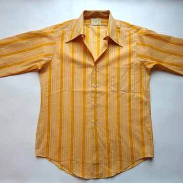 NEW Vintage Dead Stock Wide Dagger Collar Shirt 1960s Mod Yellow & White Striped Button Up Shirt Men's Retro 70s Clothing Van Heusen 33 15.5 