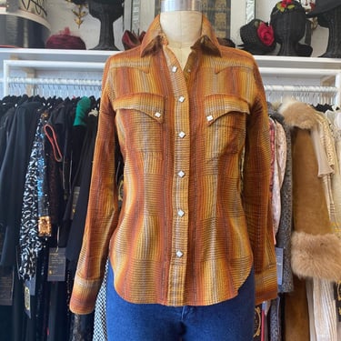 vintage 1990s rockmount cowgirl blouse, square snaps, fitted, rust yellow ombre 