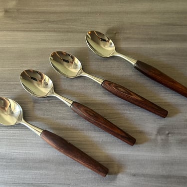 Vintage set of 4 Mode Danish Japan Mid-Century Teak Wood Handle Teaspoons 