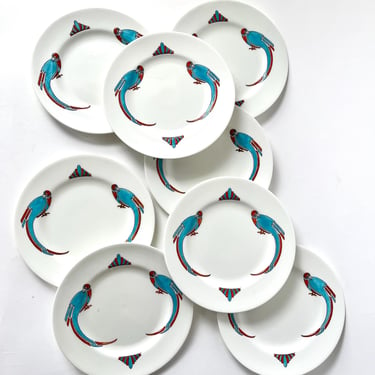 Antique Crown Staffordshire Art Deco Parrot Plates Salad Dessert Bread 