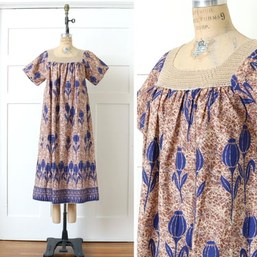 vintage kaftan dress in earth tones • crochet & cotton batik floral loungewear 