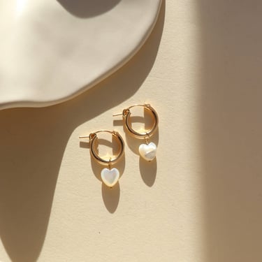 Mother of Pearl Heart Hoops - Valentine's Day Earrings 