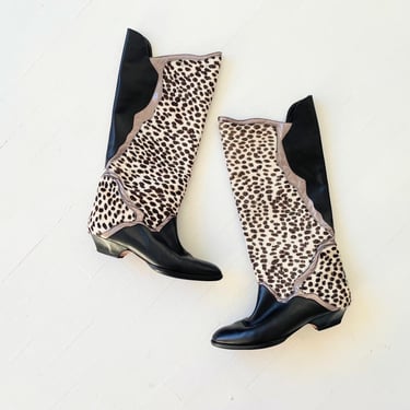 1980s Cheetah Print Ponyhair + Black and Metallic Leather Boots 