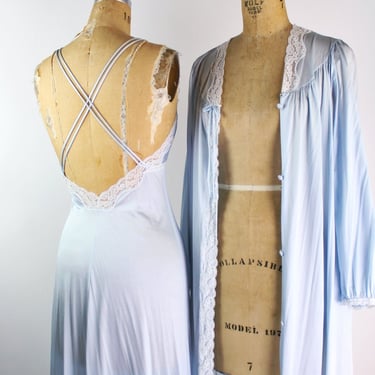 70s Baby Blue Two Piece Slip Set /Lace Vintage Lingerie / 70s Peignoir / Vintage Robe / Size XS/S 