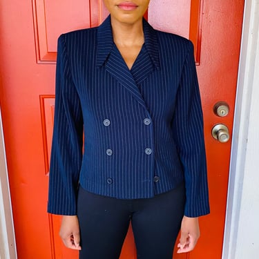 90s Positive Attitude Navy Blue Pinstripe Blazer 90s Vintage Preppy Striped Blazer 