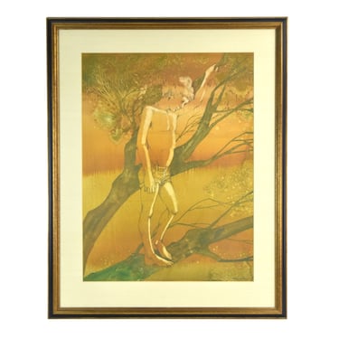 1960’s Shelly Canton Watercolor Young Boy Barefoot in Tree Chicago Artist 