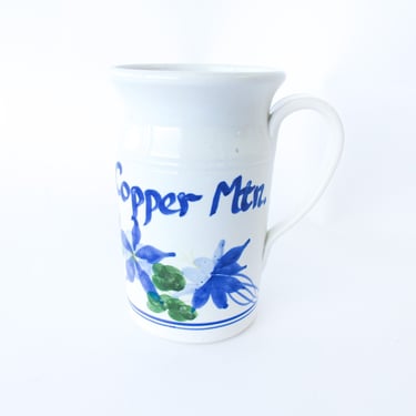White Ceramic Mug with Blue Flowers - Copper Mountain Wild Hare Pottery Studio 