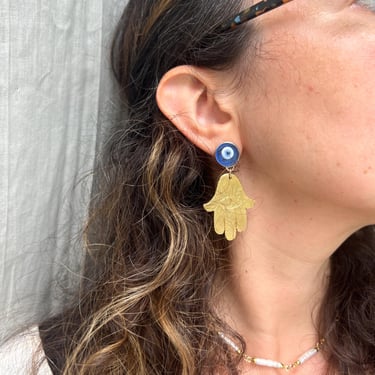 Hamsa Hand Dangle Evil Eye Stud Drop Earrings Handmade by Rachel Pfeffer 