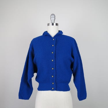 Vintage 1950s cardigan sweater, blue, rhinestone buttons, cropped, wing collar, size small, medium 
