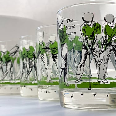 Vintage golf themed rocks glasses by Cera Glassware. Ben Hogan "The Basic Swing" cocktail tumblers. Vintage collectible sports barware 