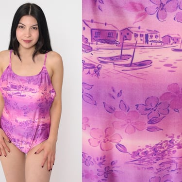 90s Hawaiian Swimsuit One Piece Floral Bathing Suit Purple Tropical Swim Suit Retro Low Back Ombre Pink Vintage 1990s Large L 14 