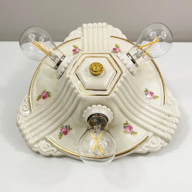 Refurbished Porcelier Dual Light Flush Mount Ceiling Fixture - 3-Bulb - Pink Rose Florals - Ready to Hang 