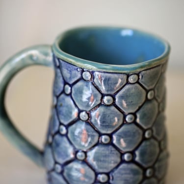 Vintage GR Embossed handmade pottery blue textured mug 