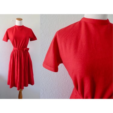 Vintage 60s Party Dress - Red Wool Cocktail Dress - Bow Belt - Lanz Originals - Size XXS XS 