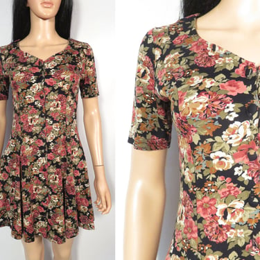 Vintage 90s Grunge Floral Babydoll Button Front Tshirt Material Cotton Mini Dress Made In USA Size S 