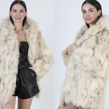 Cream Patchwork Fox Fur Coat, Vintage Natural Arctic Fox Jacket, Womens Warm Winter Overcoat 