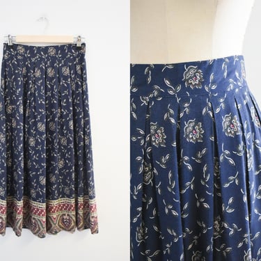 1990s Navy Printed Rayon Midi Skirt 