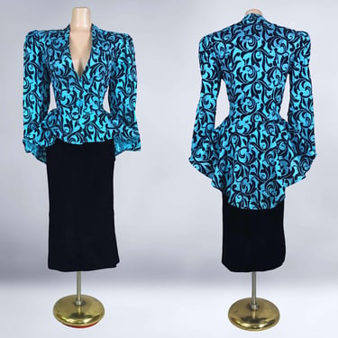 VINTAGE 80s Turquoise Lame Metallic Peplum Jacket by L.A. Glo 13/14 | 1980s Formal Bold Shoulder Suit Jacket Plus Size Volup | VFG 