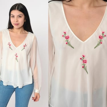 90s Victoria's Secret Blouse White Floral Embroidered Top Sheer Chiffon Sleeve Top Boho Romantic V Neck Shirt Bohemian Vintage 1990s Small S 