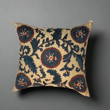 Traditional Embroidered Suzani Pillow in Blue and Cream on Silk and Cotton