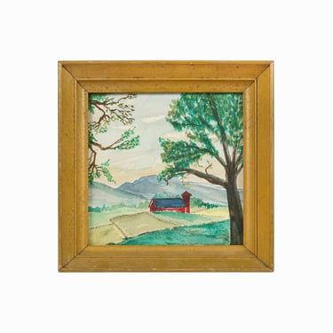 Vintage Watercolor Painting on Paper Farm House Landscape 