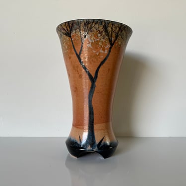 1980's Vintage  Hand Painted  Tree Motif Art Stoneware Pottery Vase, Signed 