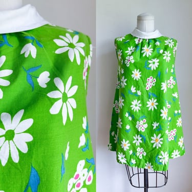 Vintage 1960s Neon Green Floral Tunic / XS-S 