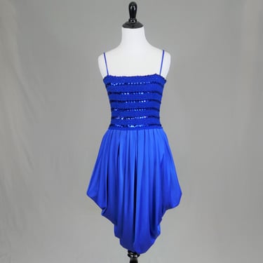 70s Disco Dress - Blue Sequins Stretch Bodice - Unusual Full Skirt - Diamond's Run - Vintage 1970s - S 