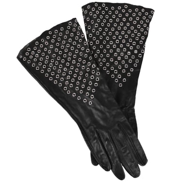 Azzedine Alaia Vintage 1980s Black Leather Eyelet Grommet Gauntlet Gloves