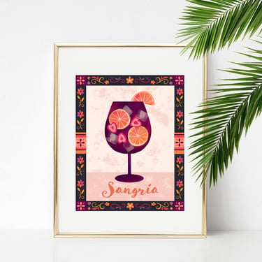 Sangria 8 X 10 Bar Cart Print/ Wine & Fruit Folk Art Cocktail Illustration/ Liquor Wall Decor/ Gifts For Cocktail Enthusiasts 