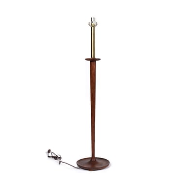 Mid-Century Modern Danish Style Walnut Wood Floor Lamp with Brass Neck 