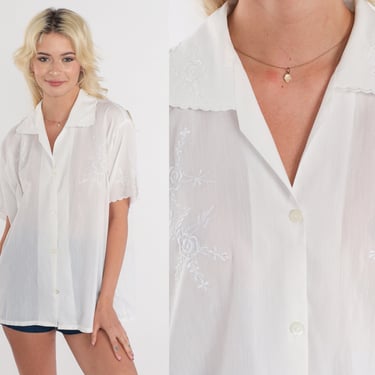 White Embroidered Top 80s Floral Blouse Semi-Sheer Retro Girly Button up Summer Shirt Short Sleeve Collared Flower Top Vintage 1980s Large L 