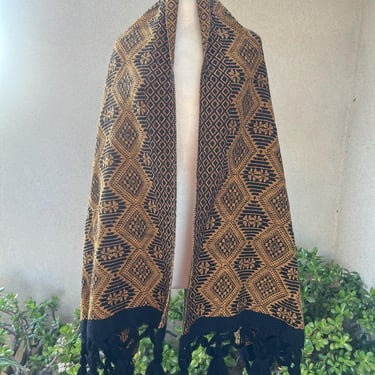 Vintage Mexican rebozo shawl wrap or table runner black yellow with tassels. 