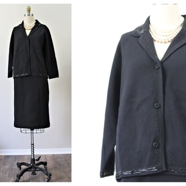 Vintage 60's Black Beaded Zephyr Wool Knit Sweater Dress Suit  ST. ANDREWS Hong Kong Jackie O' // US 6 8 10 Med Lg 