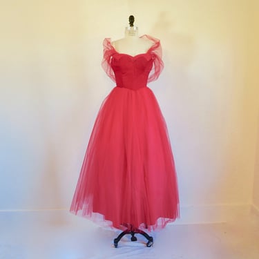 1950's Scarlet Red Velvet and Tulle Strapless Long Maxi Dress Formal 50's Evening Party Gown Rockabilly Swing Halene 26