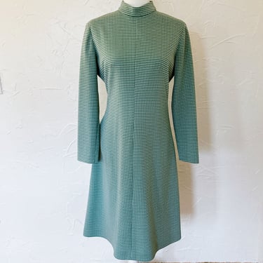 60s Mod Green and Cream Houndstooth Dress with Mockneck | Medium/Large 