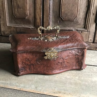 Antique French Sewing Case, Jewelry Box, Embossed Leather, Intricate Gilded Ormolu, Artisan Crafted 