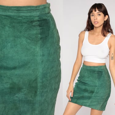 Suede Mini Skirt 90s Green Leather Skirt Boho Pencil Skirt Wiggle Party Retro Grunge Bohemian High Waisted Hipster Vintage 1990s Small S 28 