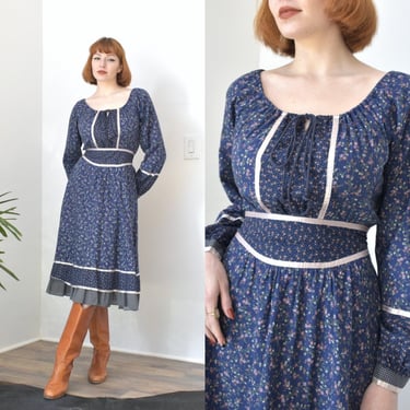 Vintage 1970s Dress / 70s Gunne Sax Calico Floral Peasant Dress / Blue ( medium M ) 
