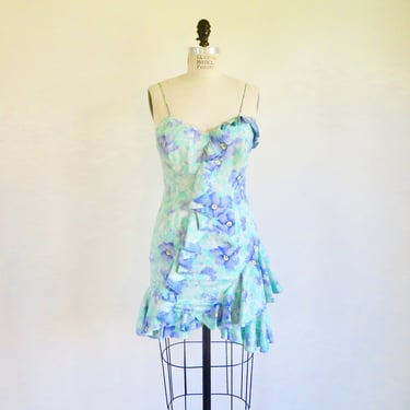 1980's Mint Green and Lavender Silk Floral Cocktail Dress Spaghetti Straps Ruffles Above the Knee 80's Formal Party Dresses 29 Waist Small 