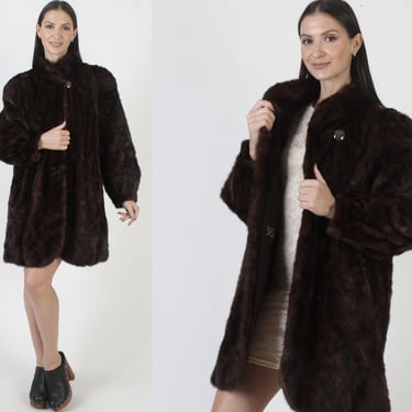 Real Mahogany Mink Jacket, Mid Length Dark Ranch Coat, Vintage 60s Natural Fur Under Collar 