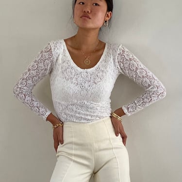 90s lace tee T-shirt / vintage white sheer stretch lace scoop neck long sleeve tee T shirt | Medium 