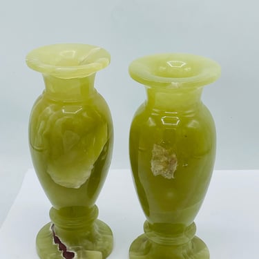 Wonderful Pair of vintage Onyx Marble Natural Stone Vase Rich Brown Translucent Green 8" 