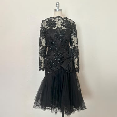 NWT 1980s Black Sequin Lace & Tulle Cocktail Dress by Mignon, Small to Medium | 80s Vintage Long Sleeve Dress w/ Full Skirt (S, M, 36-30-36) 