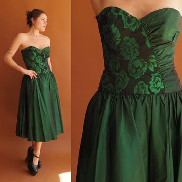 Vintage 80s Iridescent Green Strapless Party Dress/ 1980s Tafetta Sweetheart Prom Dress/ Size Small Medium 27 