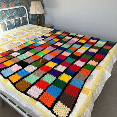 Vintage Handmade Crochet Rainbow Retro Wool Patchwork Afghan Throw Blanket 