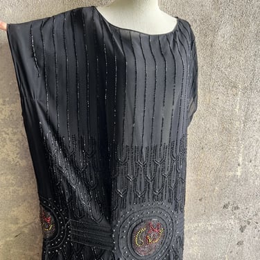 Antique 1920s Black Silk Dress Colorful Hand Beading Rhinestones Maxi Vintage